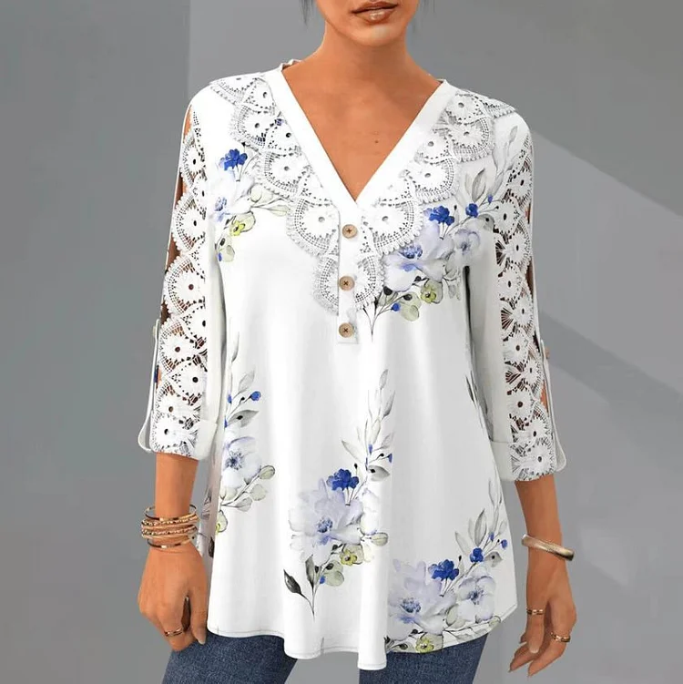 Lace V-Neck Loose Three-quarter Sleeve Casual Shirt socialshop