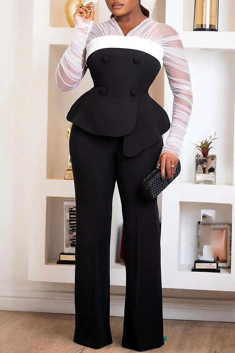 Plus Size Wedding Guest Pant Sets Elegant Black   V Neck Long Sleeve Contrast See-Through Knitted Two Piece Pant Sets
