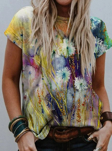 Bestdealfriday Orchid Watercolor Graphic Short Sleeved V Neck Loose Tee