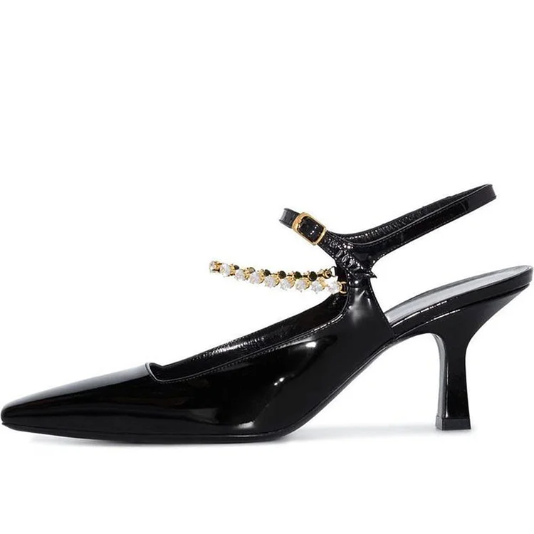 Black Square Toe Kitten Heel Women'S Classic Rhinestones Pump Elegant Office Shoes |FSJ Shoes