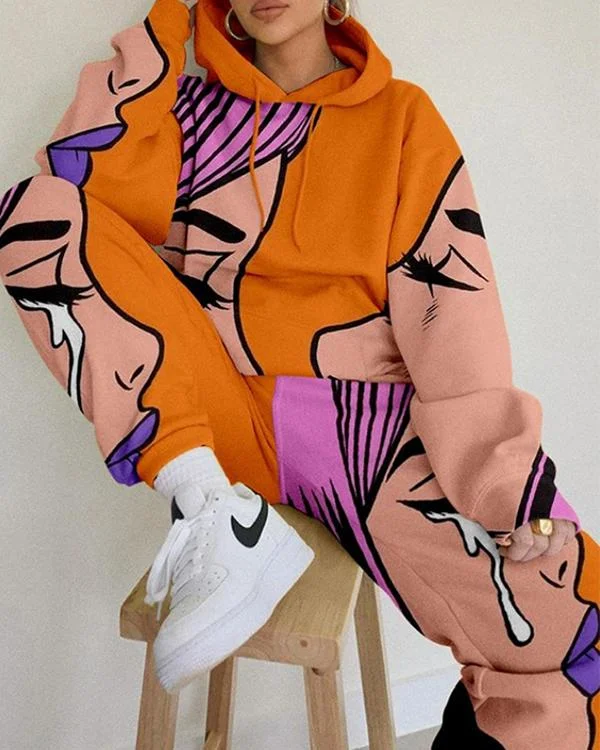 Printing Chic Hooded Sweatshirt And Sweatpant Set