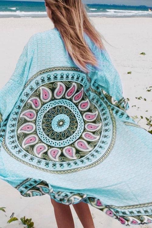 Light Blue Tribal Print Long Sexy Kimono Beach Cover Up Cardigan - Shop Trendy Women's Clothing | LoverChic