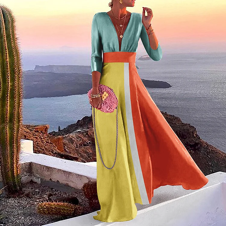 Vefave Colorblock V-Neck Elegant Maxi Dress