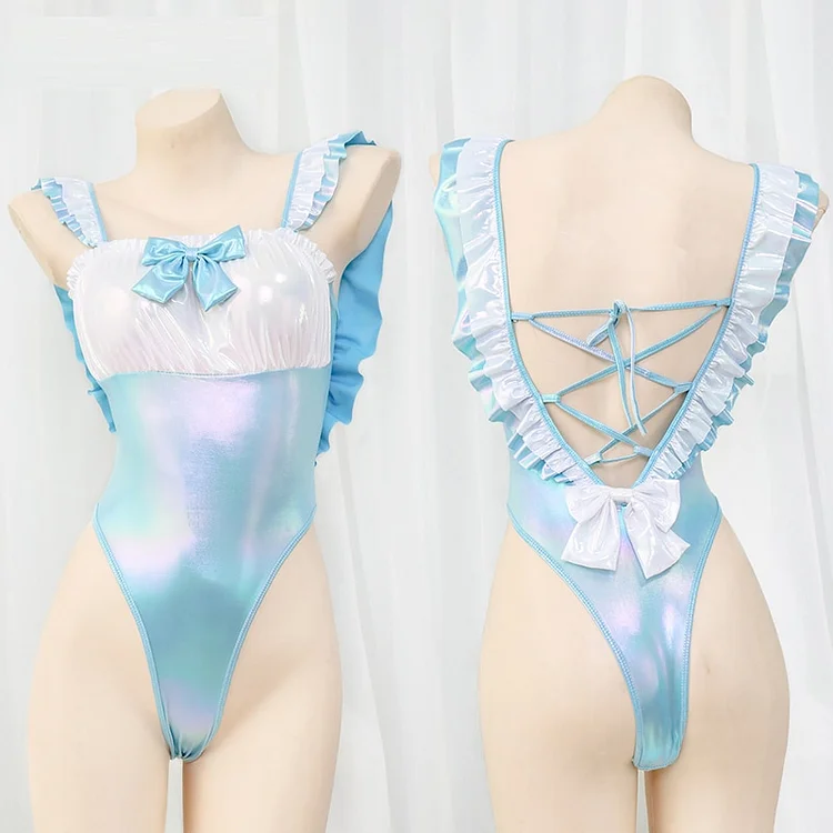 Blue Laser Holo Maid Cosplay One-piece Swimstuit SP17870