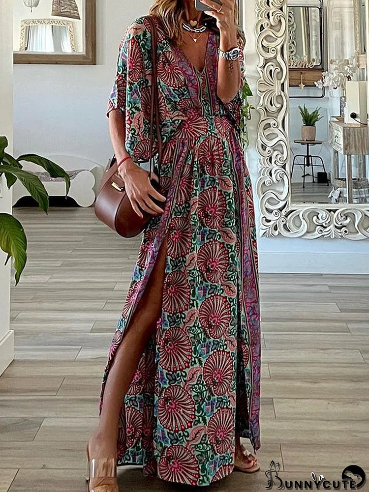Women's Short Sleeve V-neck Graphic Floral Printed Maxi Dress