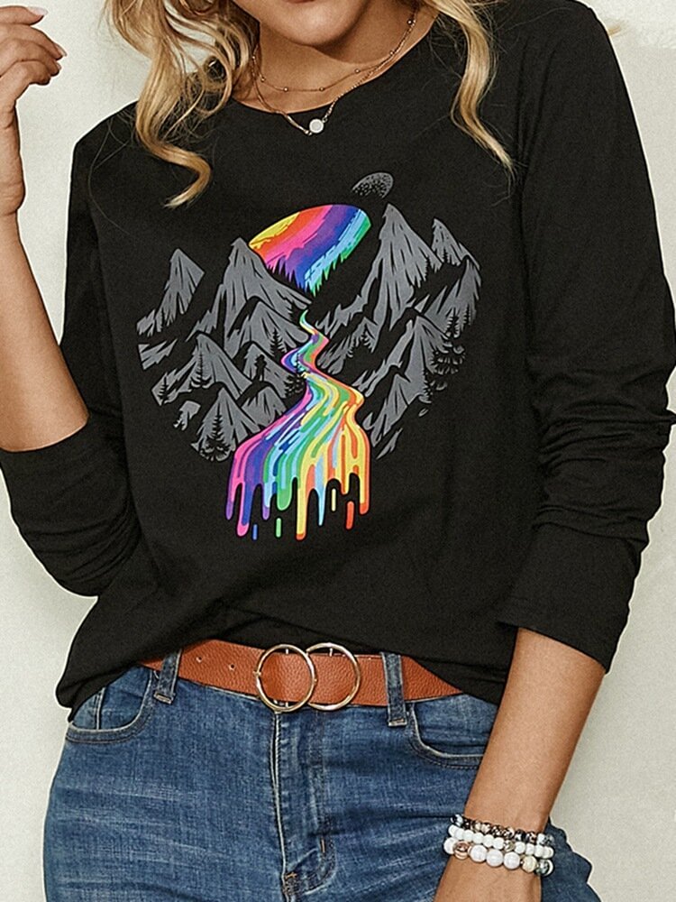 O neck Cartoon Print Long Sleeve Casual T shirt For Women P1806524