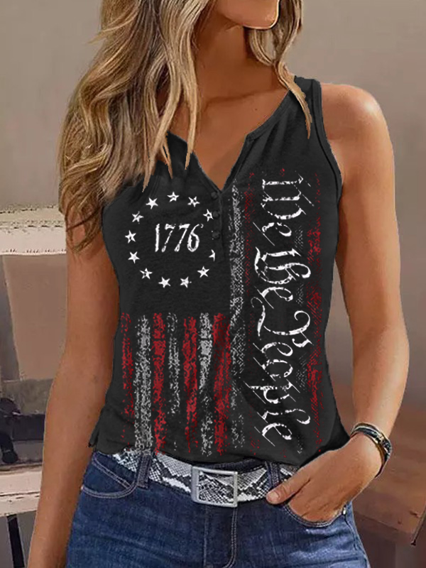 1776 We The People Flag Print Button Notched Neck Tank