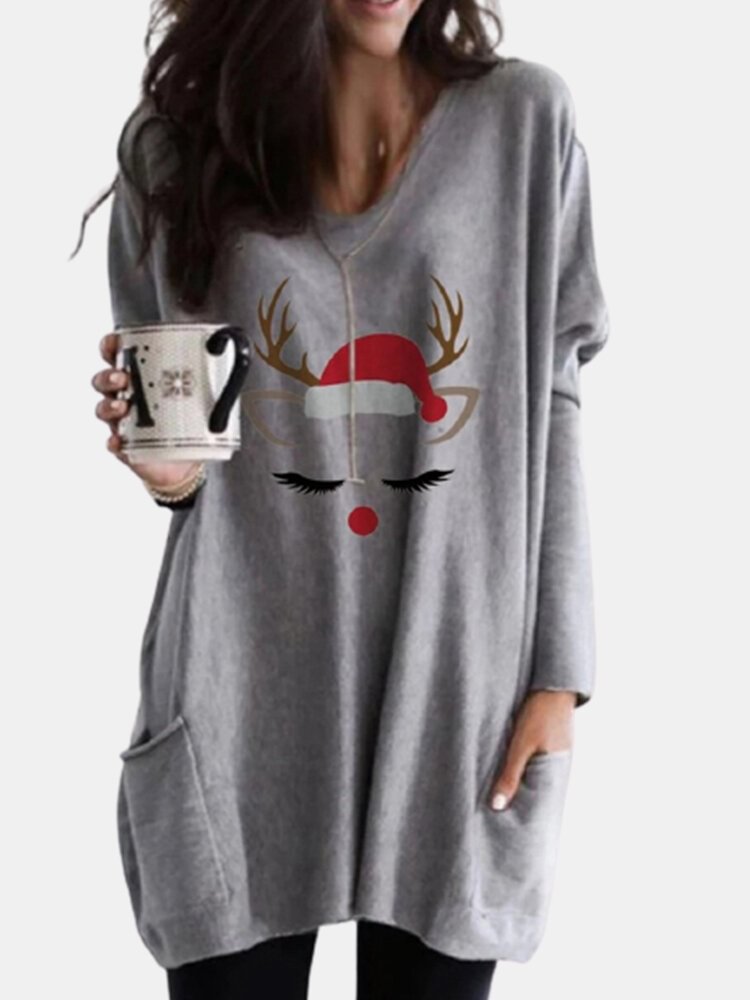 Christmas Print Long Sleeves V neck Casual Blouse For Women P1760191