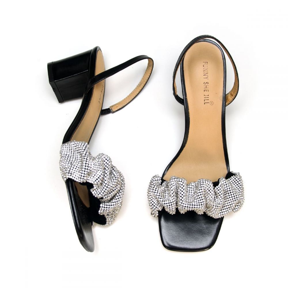Chunky Heel Sandals LACUONE Strappy Heels For Women Block Heels Square Toe Chunky Ankle Buckle Pump Heeled Sandals 9 Rhinestone Silver Strappy Heels Women