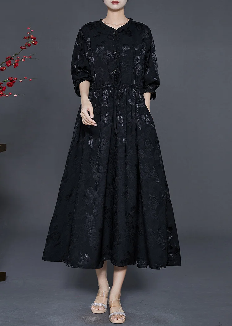 Women Black Cinched Print Exra Large Hem Silk Dress Fall