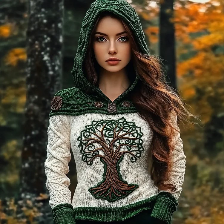 Irish Tree Of Life Contrasting Color Cozy Knit Hooded Sweater