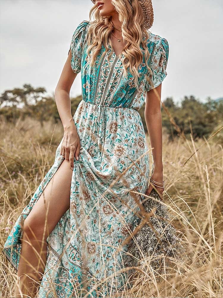 Western Retro Floral Casual Short Sleeve Dress