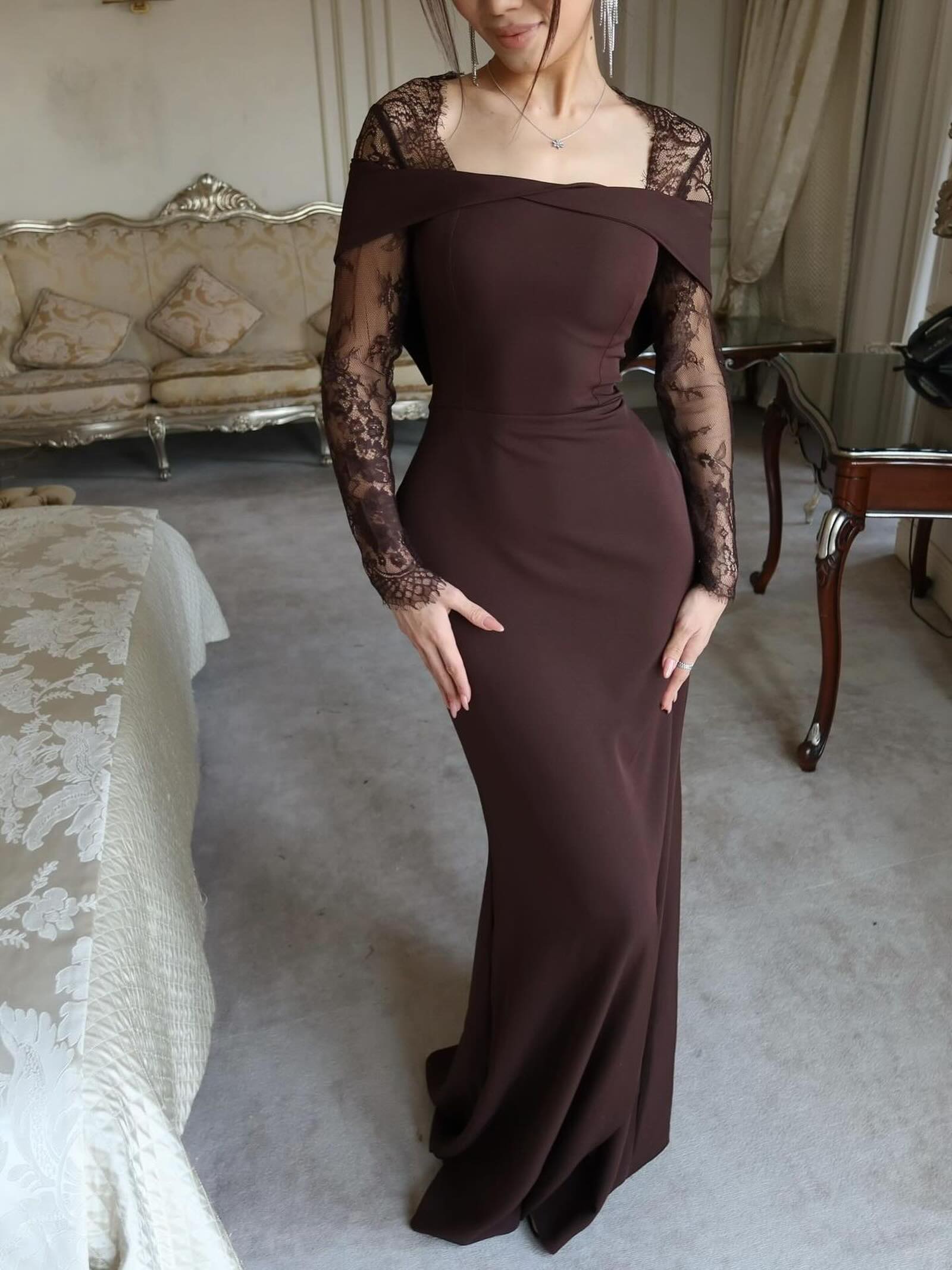 chocolate prom dress Dresses 2026 Flormiss Zipper back or Lace up back Beaded Chocolate Chiffon Sheer Sleeves