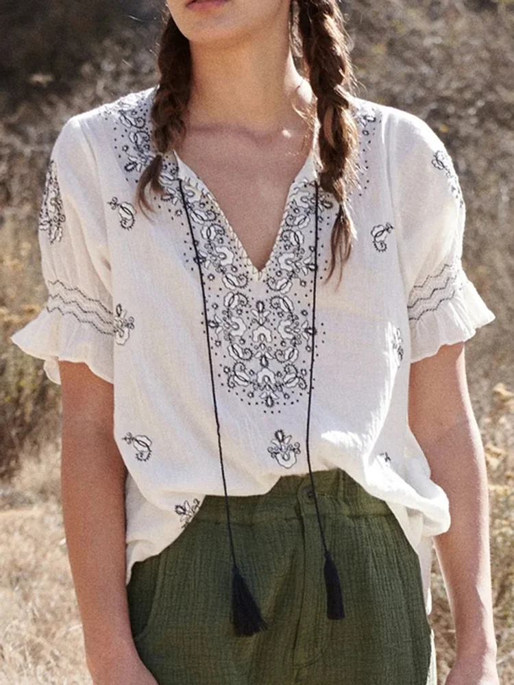 Bestdealfriday Holiday V Neck Tribal Linen Tops 9392419