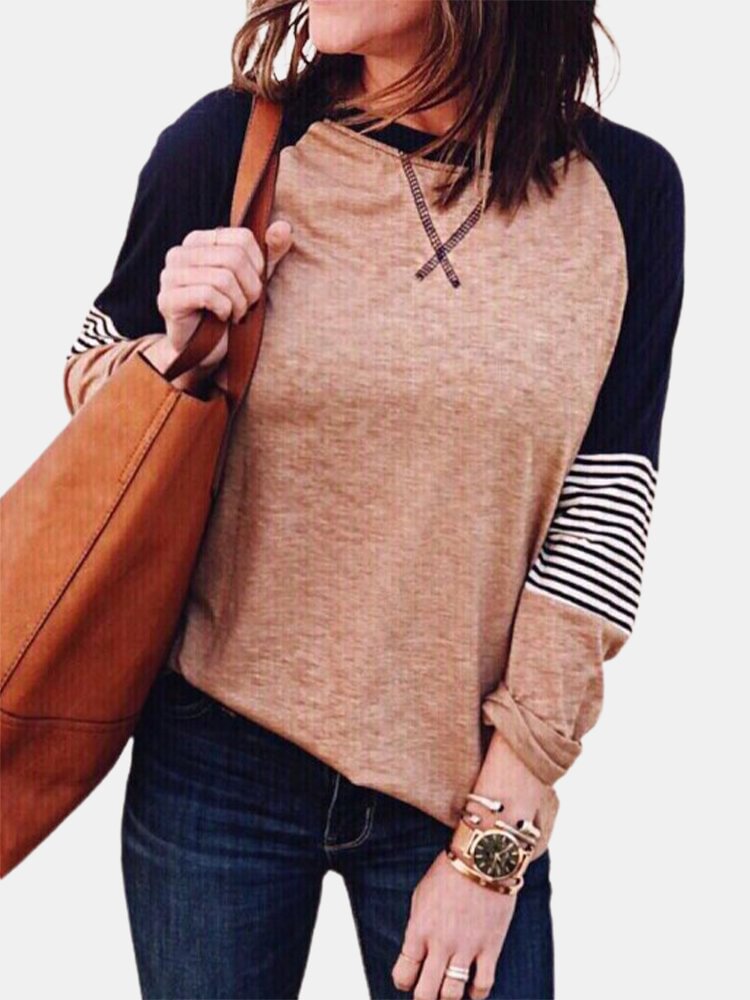 Women Striped Print Patchwork Long Sleeve Casual T Shirt P1782159