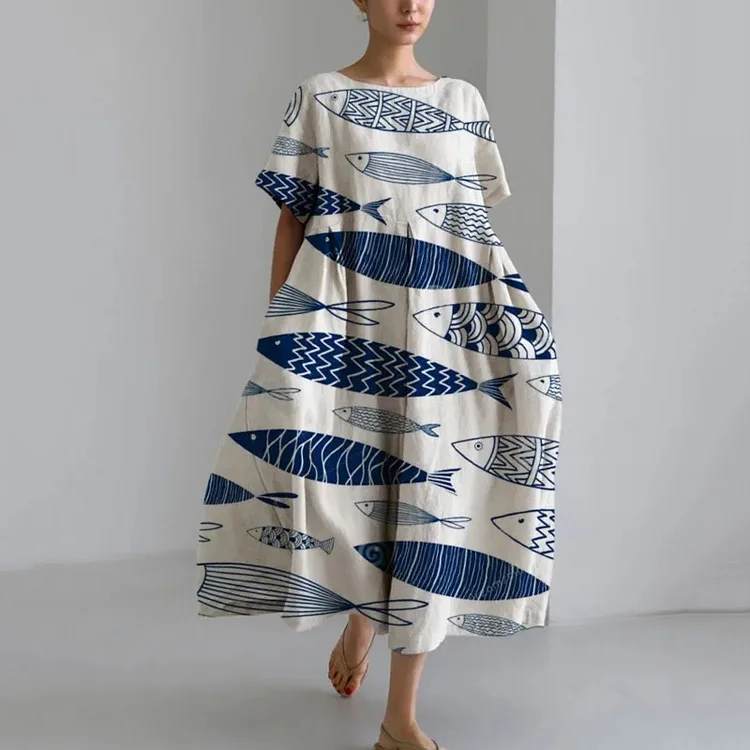VChics Japanese Art Fish Print Loose Short Sleeved Midi Dress