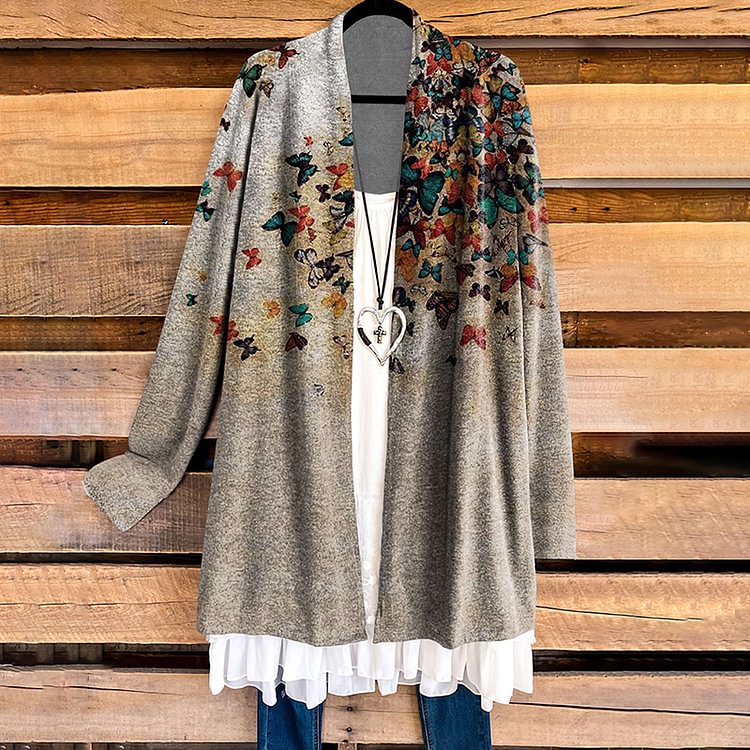 Vefave Vintage Butterfly Print Casual Cardigan