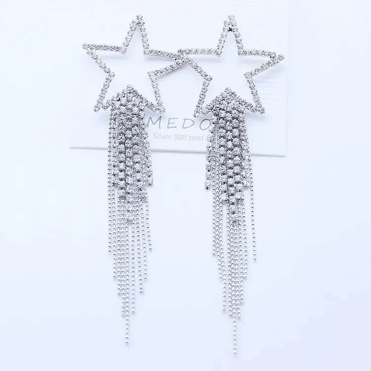 Fringe Hollow Out Star Rhinestone Earrings-Silver