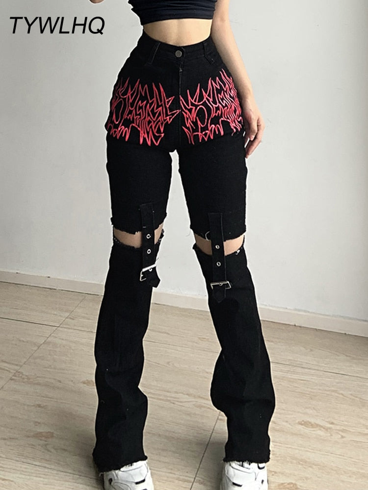 Gothic Emo Cargo Pants Techwear Hippie Baggy Jeans Mom Goth Punk Black