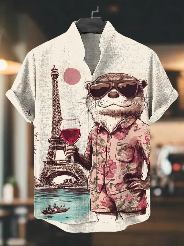 Men's Otter Drinking Red Wine Eiffel Tower Art Print Casual Shirt