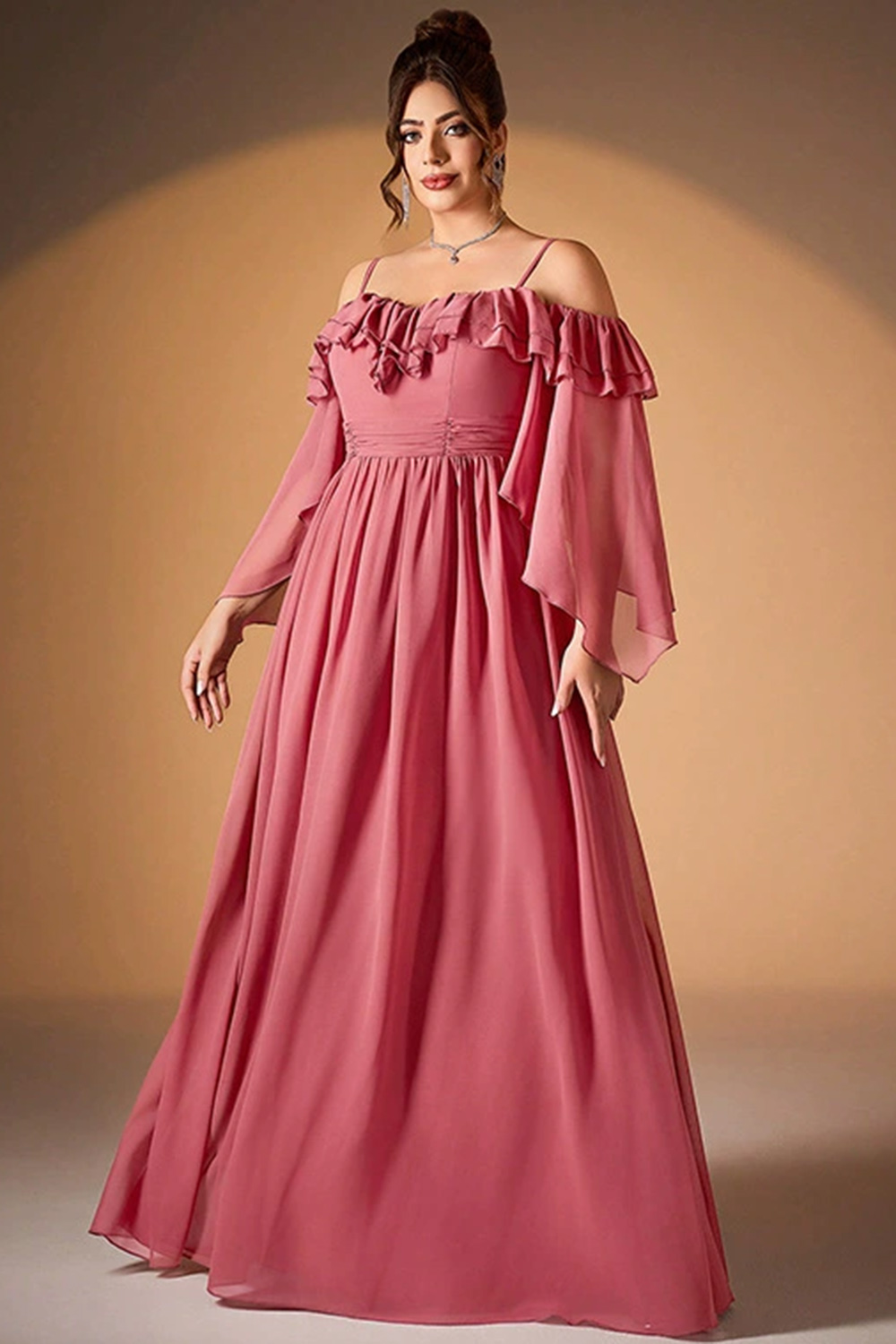 Plus Size Wedding Guest Dusty Rose Cold Shoulder Ruffle Sleeve Maxi Dress-  Flycurvy