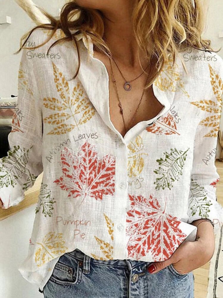 Vintage Leaf Print Turn down Collar Long Sleeve Button Shirt P1766876