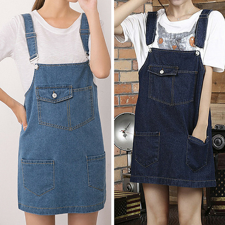 S-4XL Light Blue/Navy Blue Leisure Suspenders Denim Dress SP165649