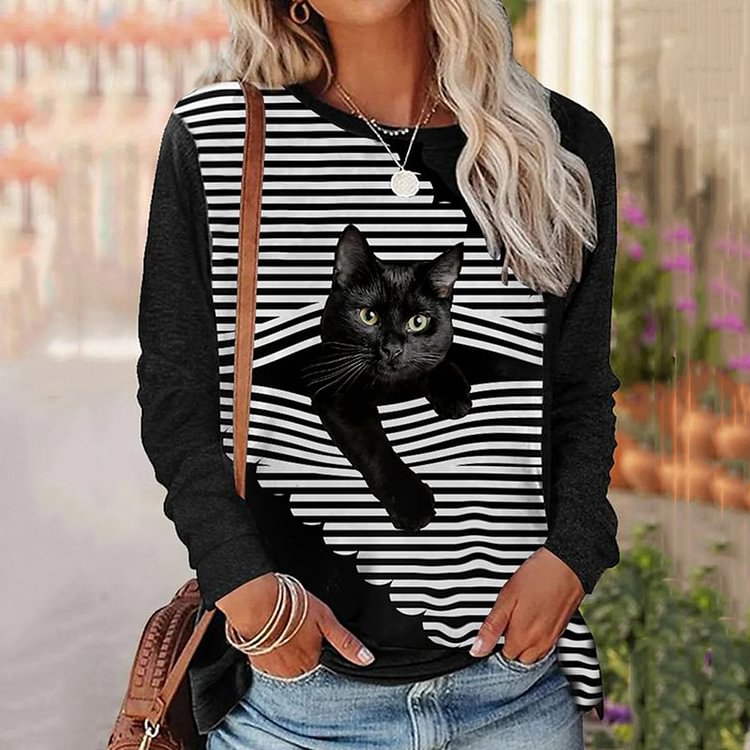 Comstylish Cat Stripe Print Long Sleeve Sweatshirt