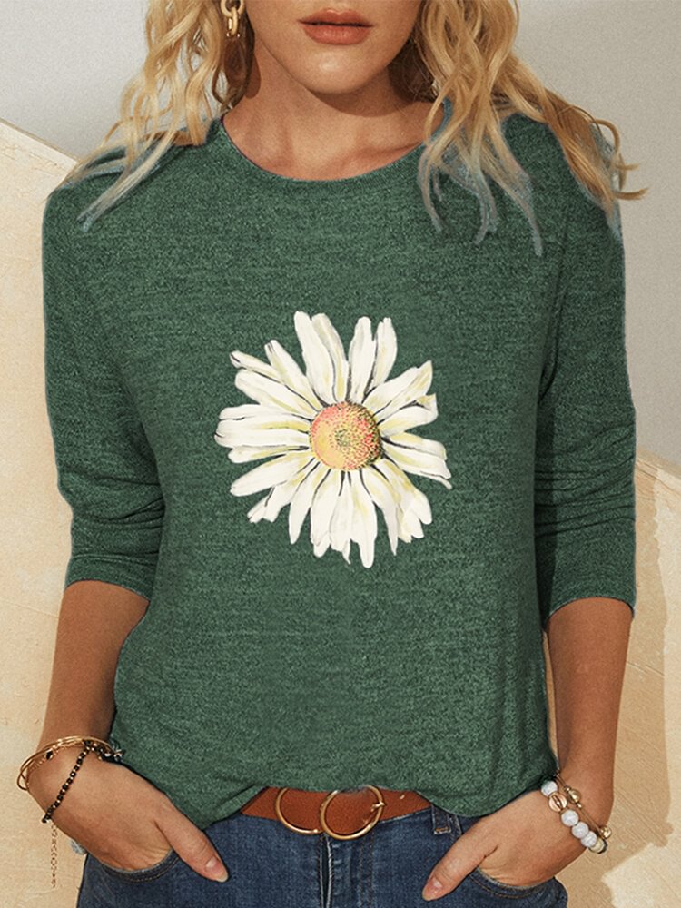 Flower Print Long Sleeves O neck Casual T shirt P1714660