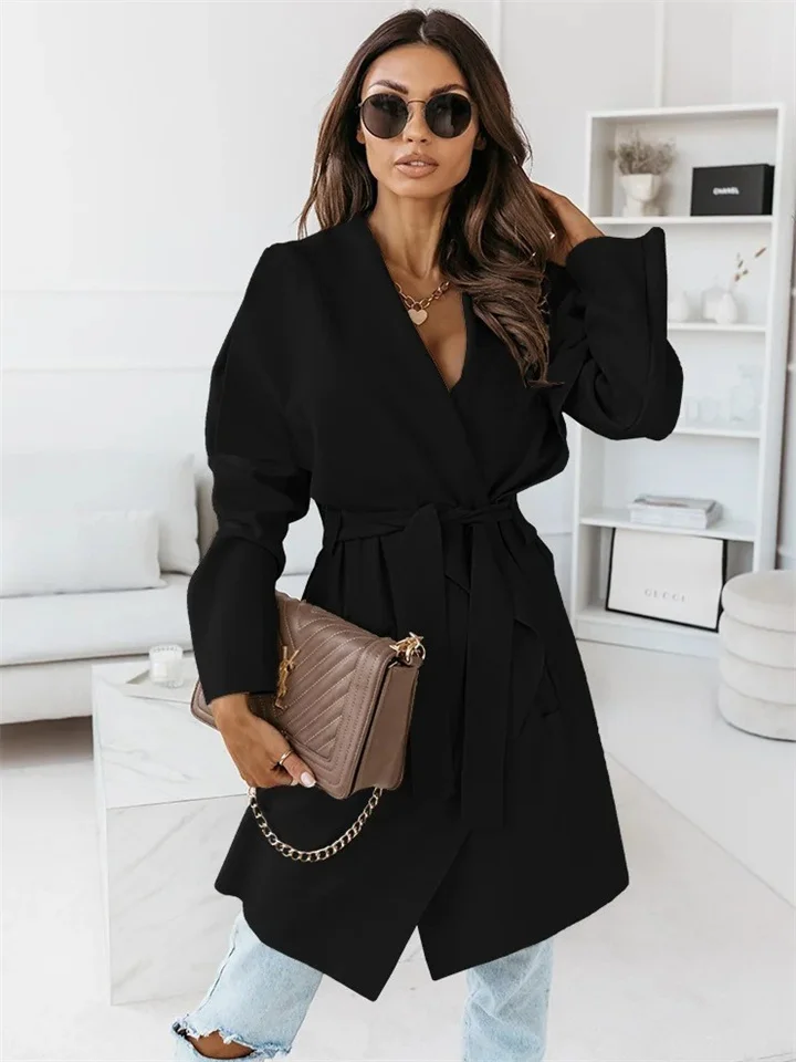 Women's Urban Commuter Autumn and Winter Solid Color Oblique Collar Large Lapel Long-sleeved Tie Cardigan Tweed Jacket