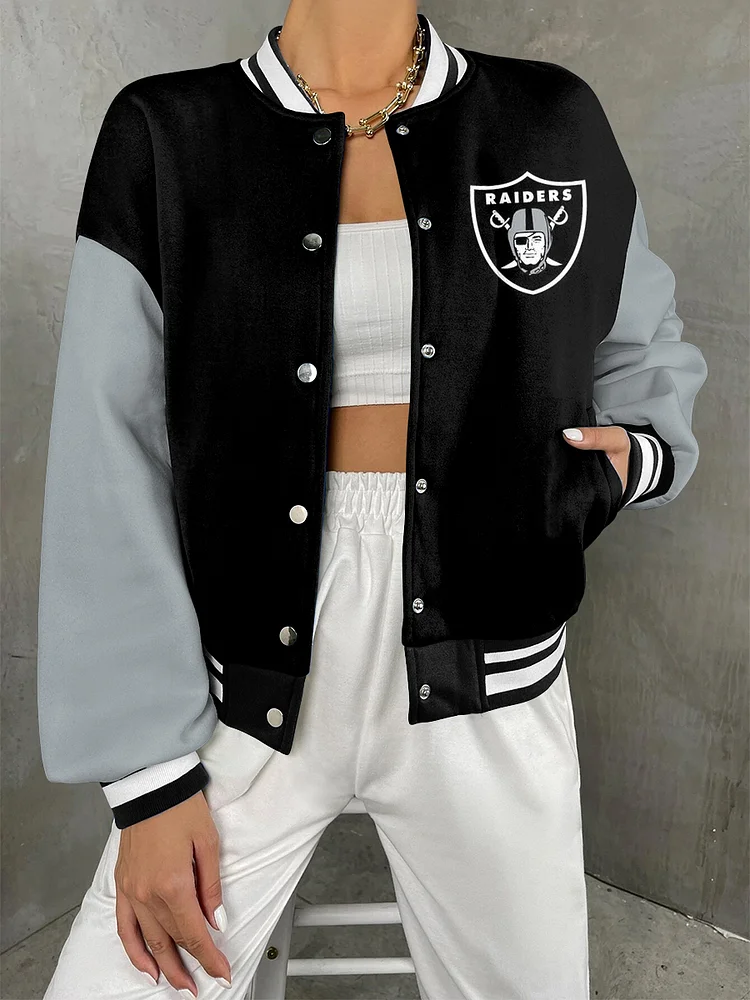 Raiders NFL Women's Sporty Print Striped Trim Drop Shoulder Jacket