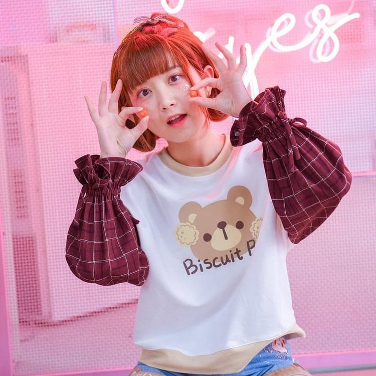 Kawaii Biscuit Bear Grid Sweatshirt SP1811980