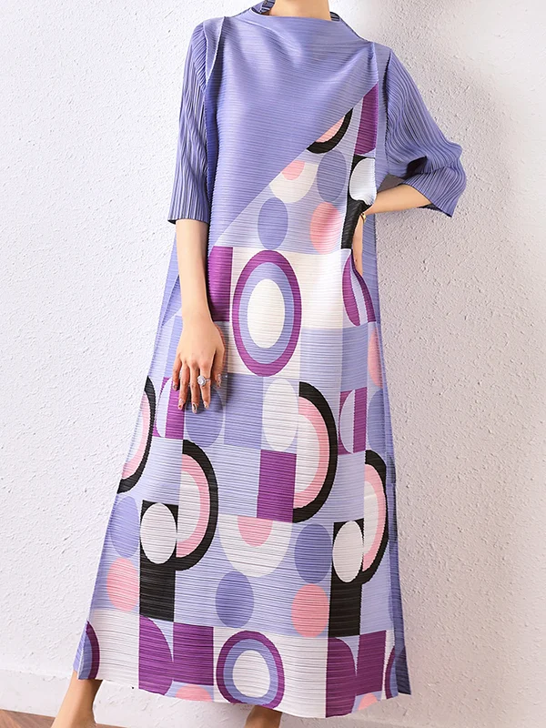 Fashion Loose Geometric Printed Pleated Midi Dress