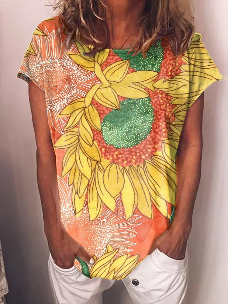 Bestdealfriday Women Casual Sunflower Printed Short Sleeve Tee