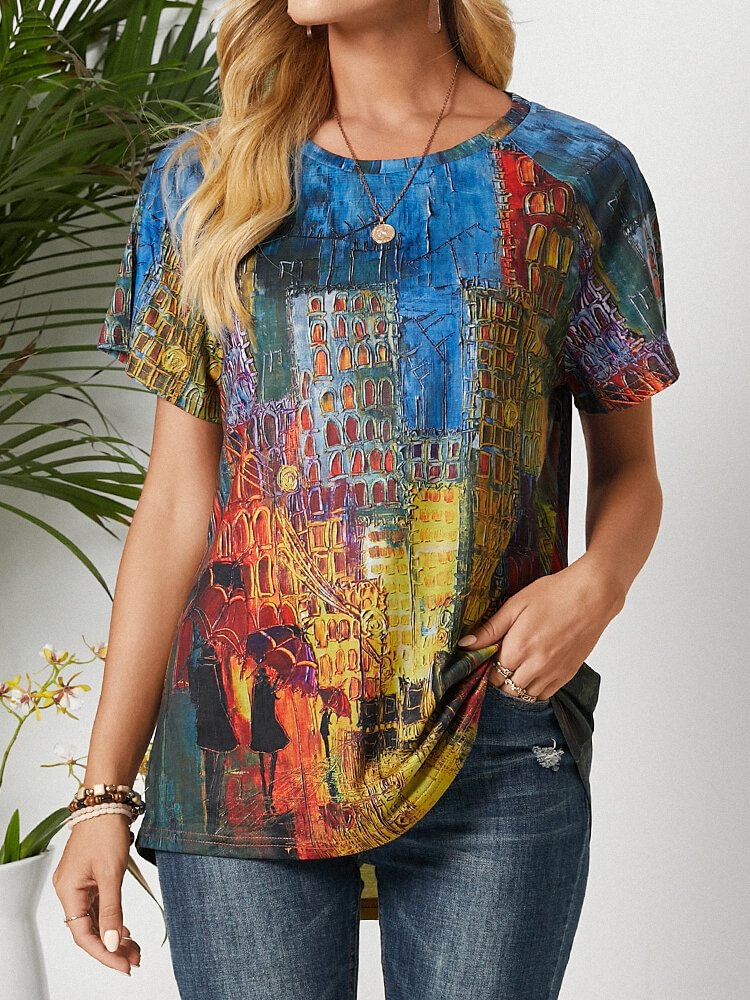 Graffiti Print O neck Short Sleeve Casual T shirt for Women P1847683