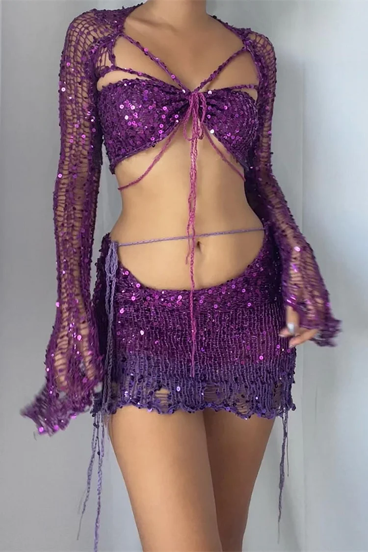 Knit Tied Up Backless Sequin Long Sleeve Top Mini Skirt 2 Pieces Set