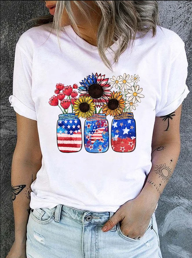 Flower American Flag Print Women's T-shirt