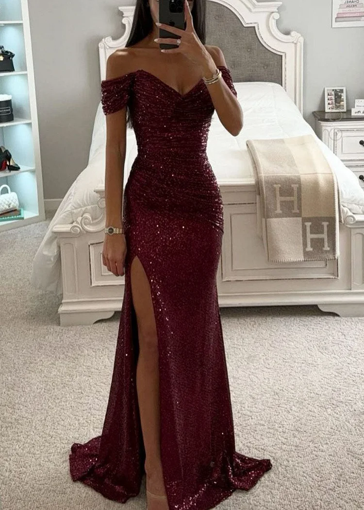 New Champagne Slash Neck Side Open Sequins Party Dress Summer