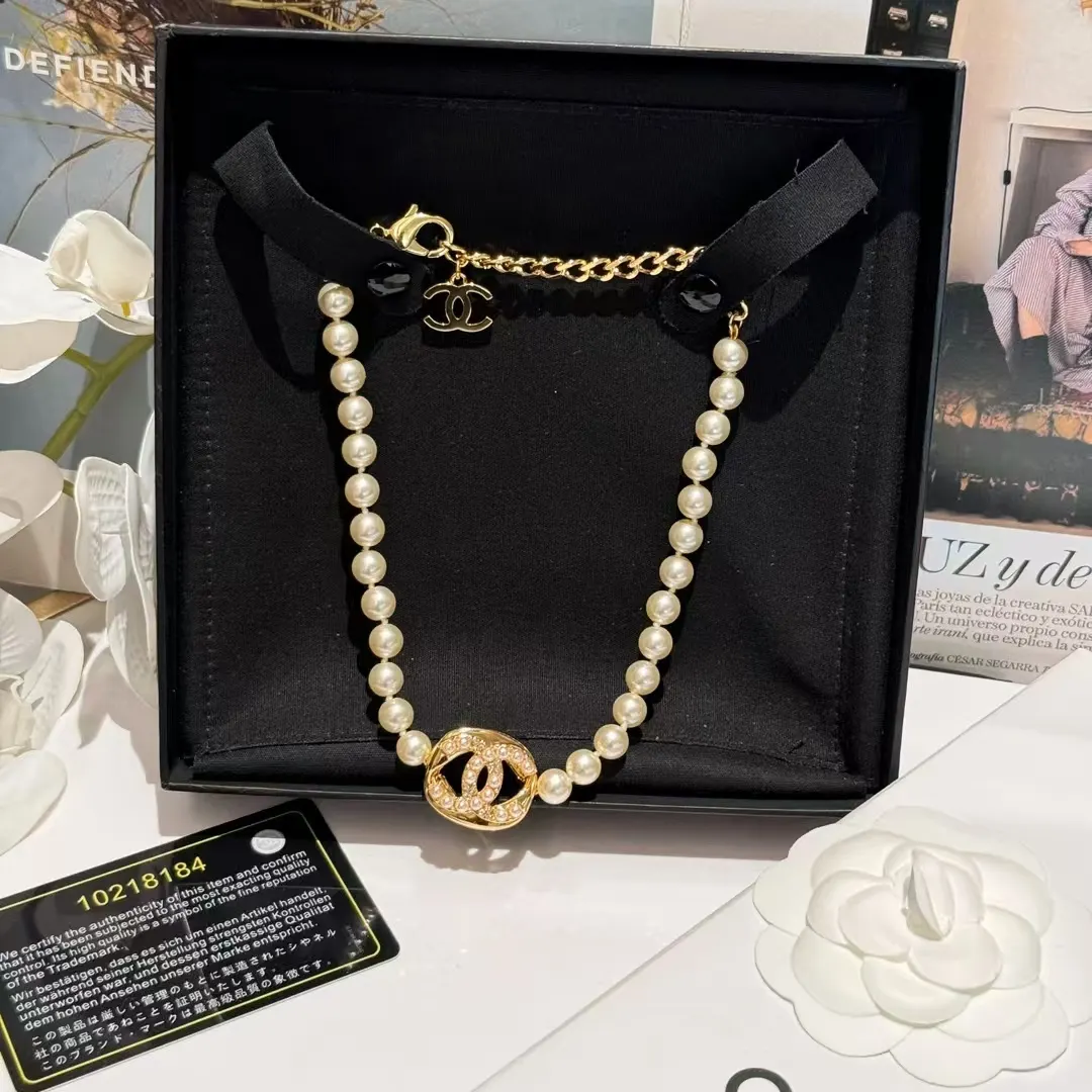 Chanel Round Double C Pendant Pearl Choker Necklace