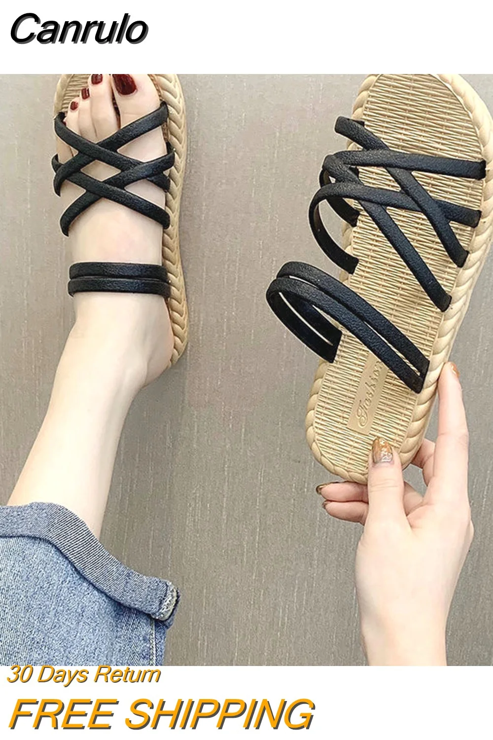 Canrulo 2023 Summer Shoes Woman Sandals Flat Sandalias Mujer Thin Strips Gladiator Beach Sandals Ladies Flip Flops Slides