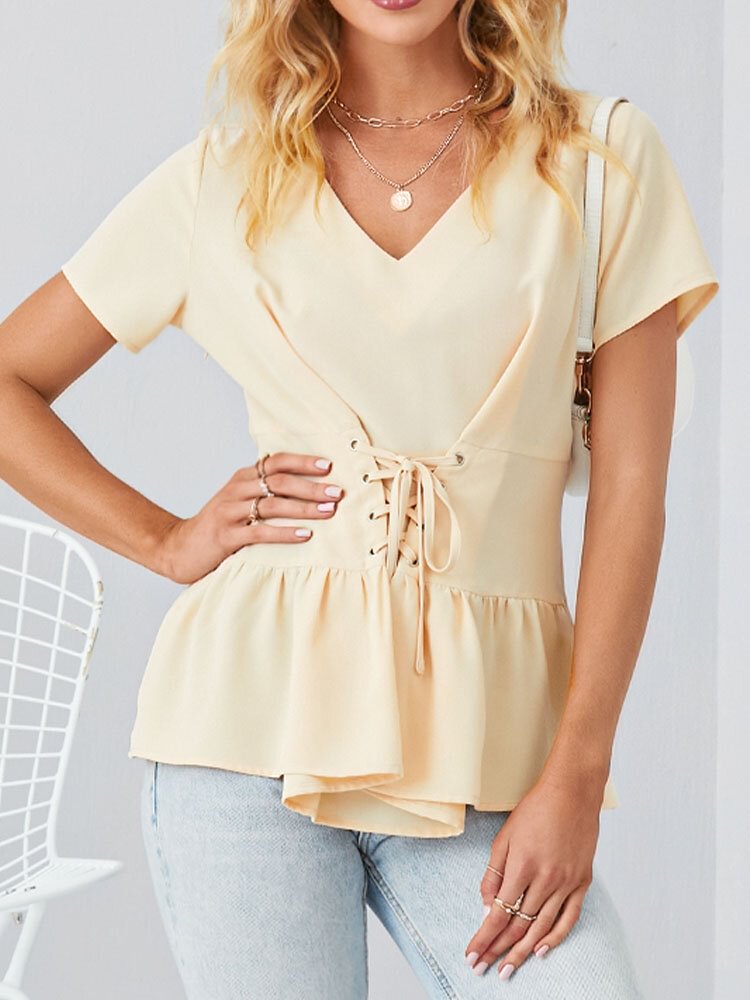 Criss cross Solid Color V neck Short Sleeve Blouse For Women P1833159