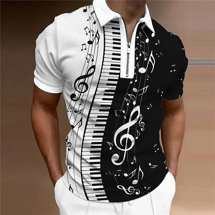 Men's Fashion Graphic Notes Turndown 3D Print Short Sleeve Zipper Shirt