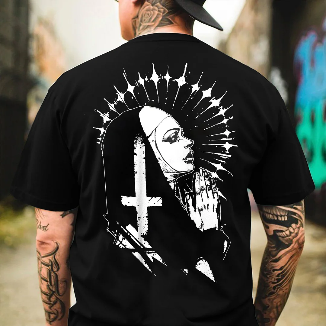 The Praying Nun with Crucifix White Print T-shirt