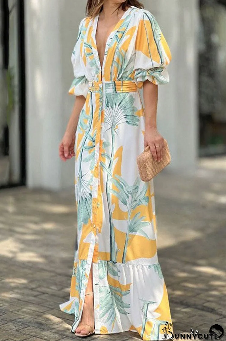 Casual Print Contrast V Neck Waist Skirt Dresses