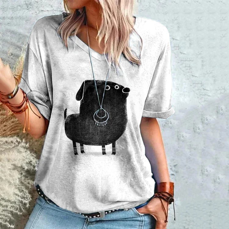 Little Black Dog Print V-Neck T-Shirt