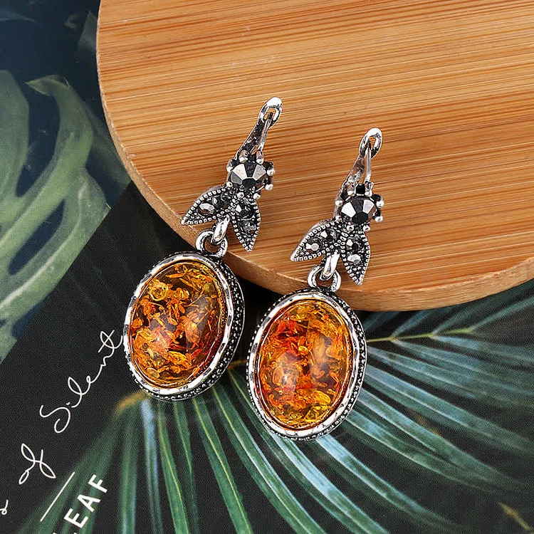 Retro Floral Silver Amber Earrings