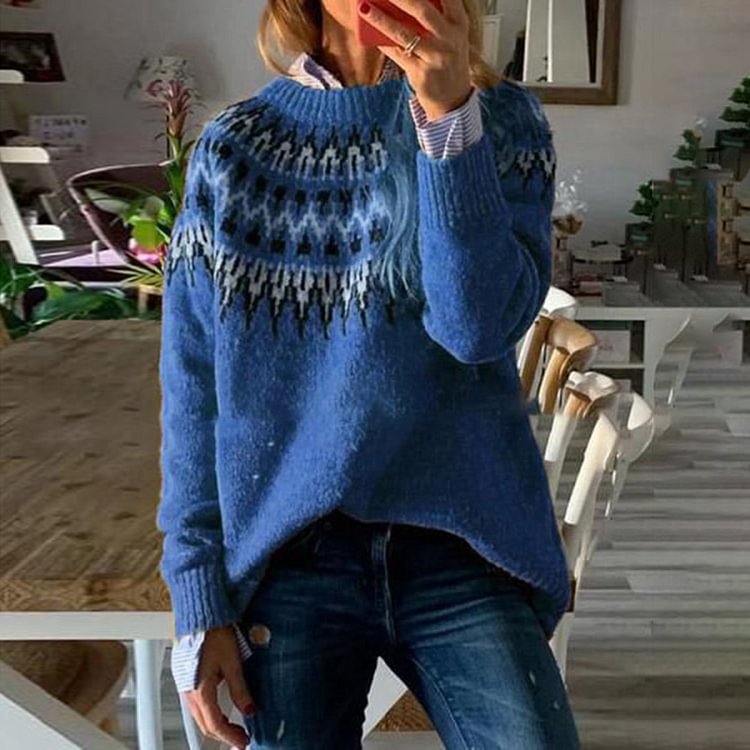 Vefave Fairman Island Vintage Wave Jacquard Long Sleeve Sweater