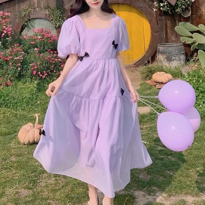 Cute Purple/Beige Square Collar Bow Sweet Dolly Dress SS1174