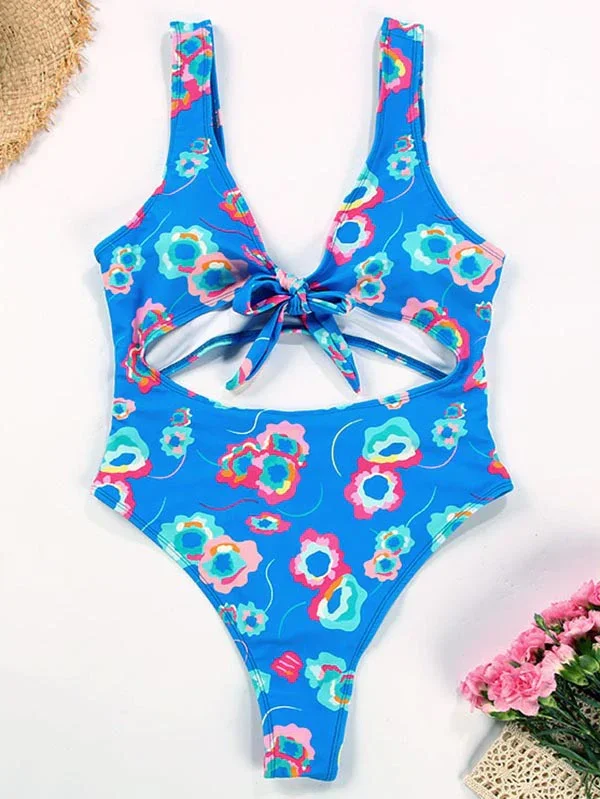 Floral Print Sleeveless Twist Knotted Hollow One-Piece Swimwear