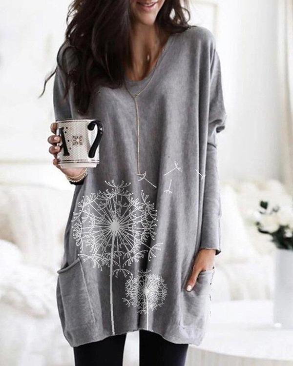 Flower Print Pockets Long Sleeve Loose Blouse For Women - Chicaggo